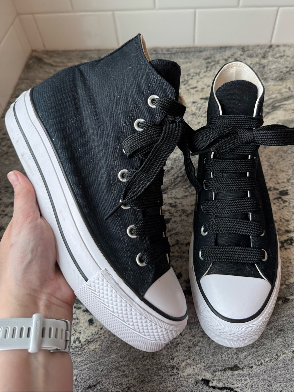 Converse Lift Platform High Top in Black with wide black laces. Size 9. Like new